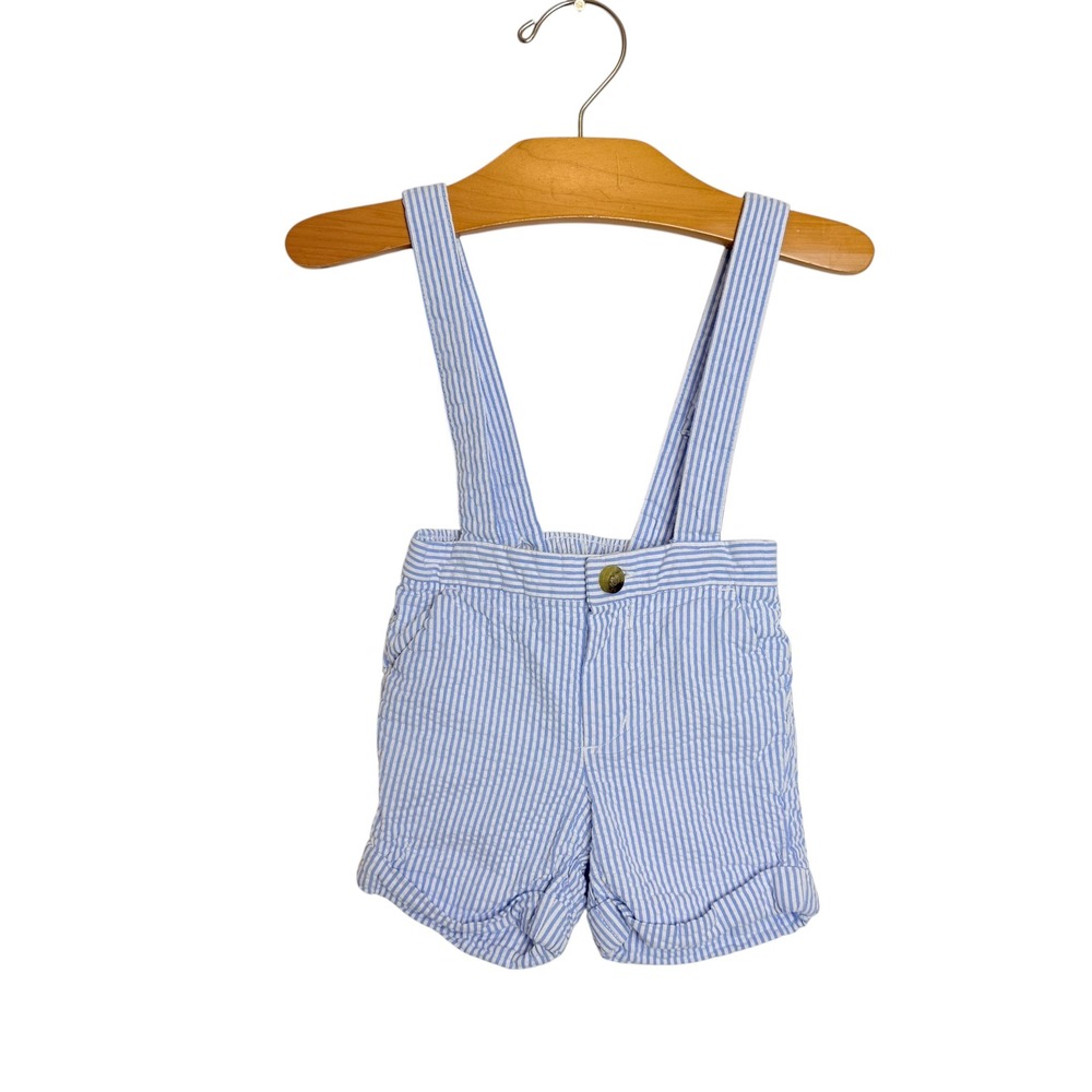 Janie and Jack Baby Boys Blue White Seersucker Suspender Shorts 3-6 Months